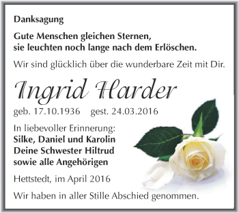 Traueranzeige von Ingrid Harder von Wochenspiegel Mansfelder Land
