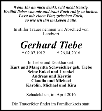 Traueranzeige von Gerhard Tiebe von Mitteldeutsche Zeitung Aschersleben