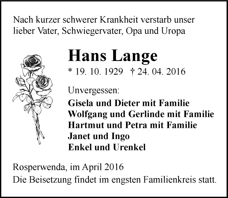  Traueranzeige für Hans Lange vom 30.04.2016 aus Mitteldeutsche Zeitung Sangerhausen