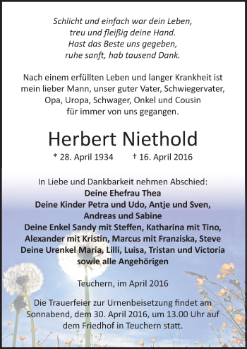 Traueranzeige von Herbert Niethold von Mitteldeutsche Zeitung Weißenfels