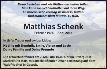 Traueranzeige von Matthias Schenk von Mitteldeutsche Zeitung Weißenfels