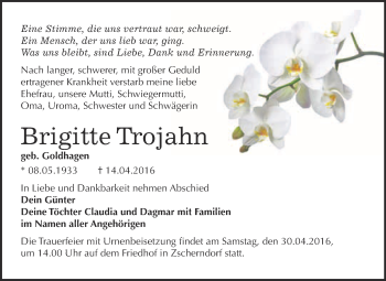 Traueranzeige von Brigitte Trojahn von WVG - Wochenspiegel Bitterfeld
