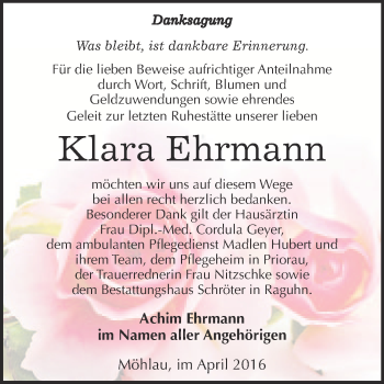 Traueranzeige von Klara Ehrmann von WVG - Wochenspiegel Bitterfeld