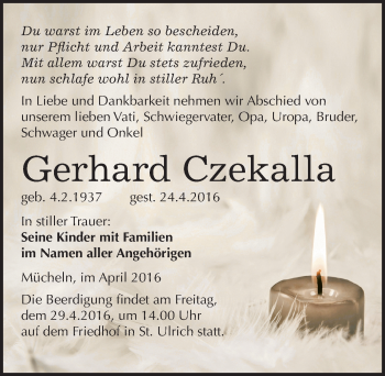 Traueranzeige von Gerhard Czekalla von Mitteldeutsche Zeitung Merseburg/Querfurt