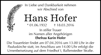 Traueranzeige von Hans Hofer von Mitteldeutsche Zeitung Dessau-Roßlau