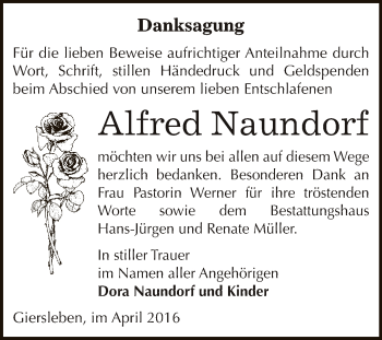 Traueranzeige von Alfred Naundorf von Super Sonntag Aschersleben