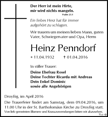 Traueranzeige von Heinz Penndorf von Mitteldeutsche Zeitung Zeitz