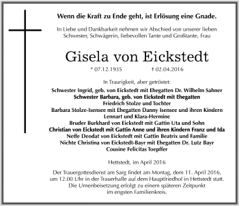 Traueranzeige von Gisela von Eickstedt von Mitteldeutsche Zeitung Mansfelder Land