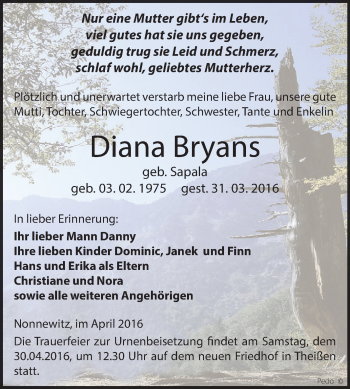 Traueranzeige von Diana Bryans von Super Sonntag Zeitz