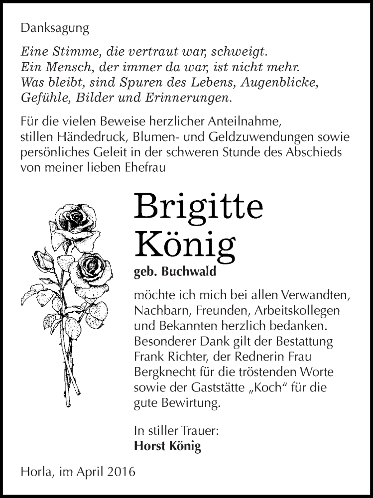 Traueranzeige für Brigitte König vom 16.04.2016 aus Super Sonntag SGH Mansf. Land