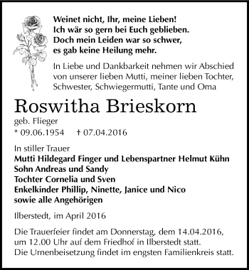 Traueranzeige von Roswitha Brieskorn von Mitteldeutsche Zeitung Bernburg