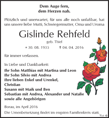 Traueranzeige von Gislinde Rehfeld von Mitteldeutsche Zeitung Weißenfels