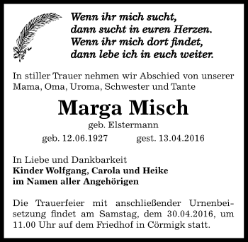 Traueranzeige von Marga Misch von Mitteldeutsche Zeitung Bernburg