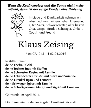 Traueranzeige von Klaus Zeising von Mitteldeutsche Zeitung Mansfelder Land