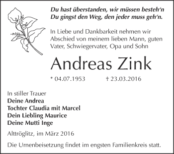 Traueranzeige von Andreas Zink von Super Sonntag Zeitz