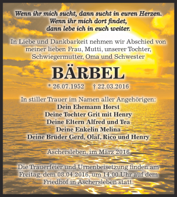 Traueranzeige von Bärbel  von Super Sonntag Aschersleben