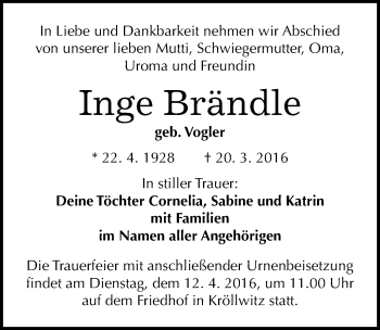 Traueranzeige von Inge Brändle von Mitteldeutsche Zeitung Halle/Saalkreis