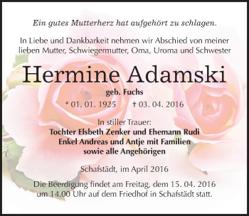 Traueranzeige von Hermine Adamski von Mitteldeutsche Zeitung Merseburg/Querfurt