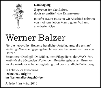 Traueranzeige von Werner Balzer von Mitteldeutsche Zeitung Mansfelder Land