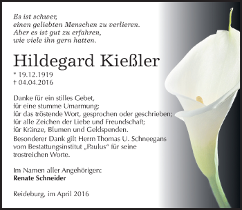 Traueranzeige von Hildegard Kießler von Mitteldeutsche Zeitung Halle/Saalkreis