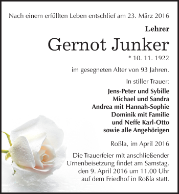 Traueranzeige von Gernot Junker von Mitteldeutsche Zeitung Sangerhausen