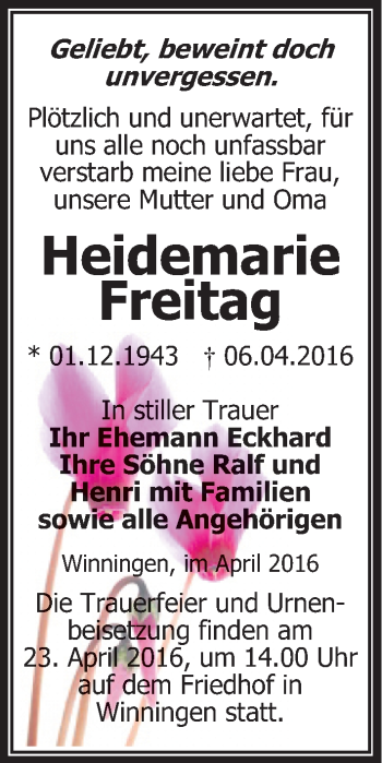Traueranzeige von Heidemarie Freitag von Mitteldeutsche Zeitung Aschersleben