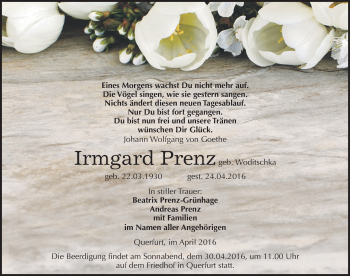 Traueranzeige von Irmgard Prenz von Mitteldeutsche Zeitung Merseburg/Querfurt
