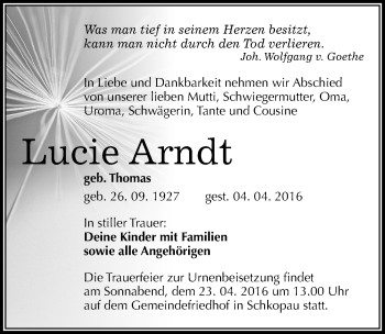 Traueranzeige von Lucie Arndt von Mitteldeutsche Zeitung Halle/Saalkreis