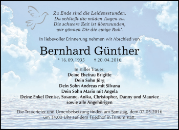 Traueranzeige von Bernhard Günther von WVG - Wochenspiegel Dessau / Köthen