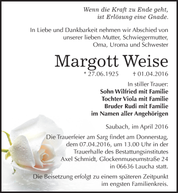 Traueranzeige von Margott Weise von Mitteldeutsche Zeitung Naumburg/Nebra