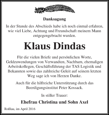 Traueranzeige von Klaus Dindas von WVG - Wochenspiegel Dessau / Köthen