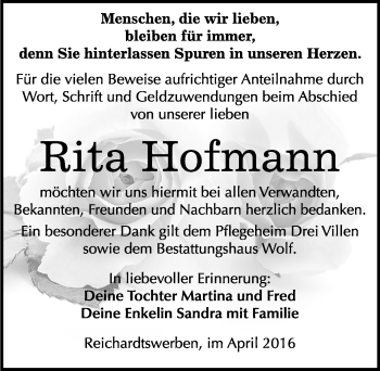 Traueranzeige von Rita Hofmann von Mitteldeutsche Zeitung Weißenfels
