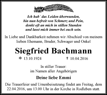 Traueranzeige von Siegfried Bachmann von WVG - Wochenspiegel Dessau / Köthen