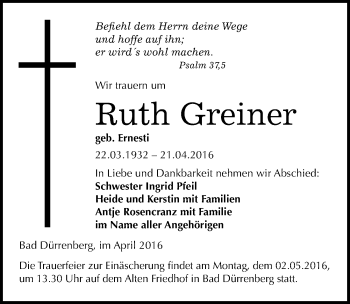 Traueranzeige von Ruth Greiner von Mitteldeutsche Zeitung Merseburg/Querfurt