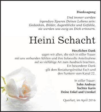 Traueranzeige von Heini Schacht von WVG - Wochenspiegel Merseburg