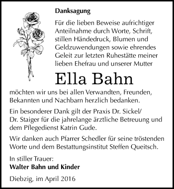 Traueranzeige von Ella Bahn von Mitteldeutsche Zeitung Köthen
