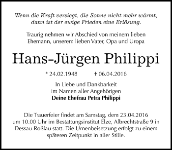 Traueranzeige von Hans-Jürgen Philippi von Mitteldeutsche Zeitung Dessau-Roßlau