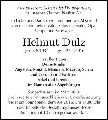 Traueranzeige von Helmut Dulz von Super Sonntag SGH Mansf. Land