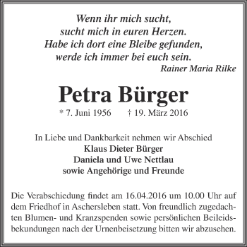 Traueranzeige von Petra Bürger von Super Sonntag Aschersleben