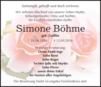 Traueranzeige von Simone Böhme von Mitteldeutsche Zeitung Mansfelder Land