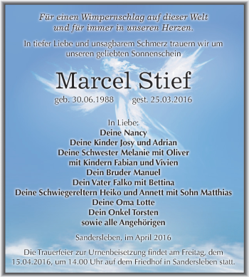Traueranzeige von Marcel Stief von Super Sonntag SGH Mansf. Land