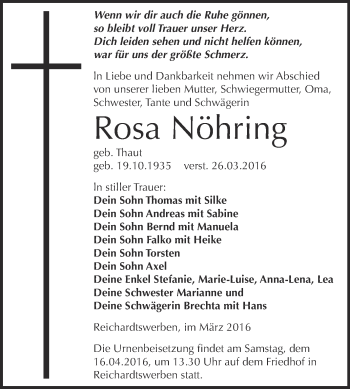 Traueranzeige von Rosa Nöhring von WVG - Wochenspiegel NMB / WSF / ZTZ