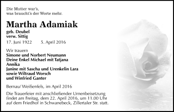 Traueranzeige von Martha Adamiak von Mitteldeutsche Zeitung Weißenfels