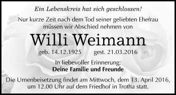 Traueranzeige von Willi Weimann von Mitteldeutsche Zeitung Halle/Saalkreis