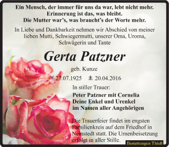 Traueranzeige von Gerta Patzner von Mitteldeutsche Zeitung Quedlinburg