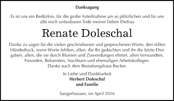 Traueranzeige von Renate Doleschal von Super Sonntag SGH Mansf. Land