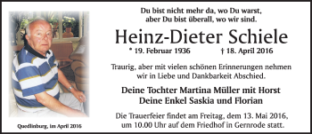 Traueranzeige von Heinz-Dieter Schiele von Mitteldeutsche Zeitung Quedlinburg
