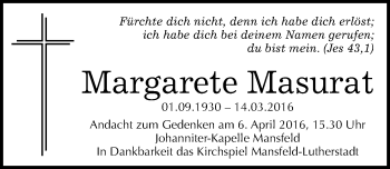 Traueranzeige von Margarete Masurat von Mitteldeutsche Zeitung Mansfelder Land