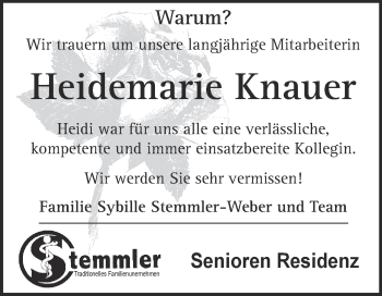 Traueranzeige von Heidemarie Knauer von Super Sonntag Aschersleben