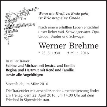Traueranzeige von Werner Brehme von WVG - Wochenspiegel Quedlinburg